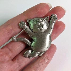 Vintage Metal Cheering Celebrating Cat Brooch Pin